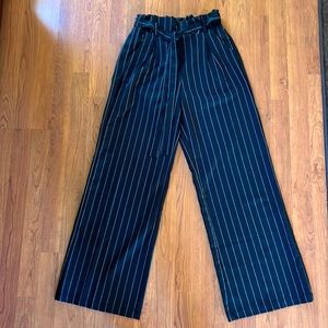 striped black elastic waist, straight and wide leg pants with belt and pockets